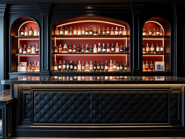 Banco bar rivestito in pelle trapuntata e marmo nero, Venezia