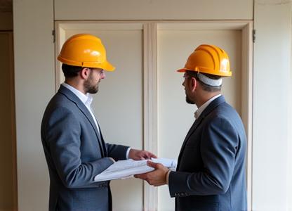 Cantiere pulito e ben organizzato con architetti che discutono i piani per la ristrutturazione di lusso