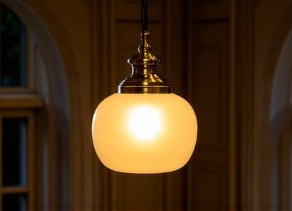 Un elegante lampadario pendente in ottone brunito e vetro soffiato, creato artigianalmente